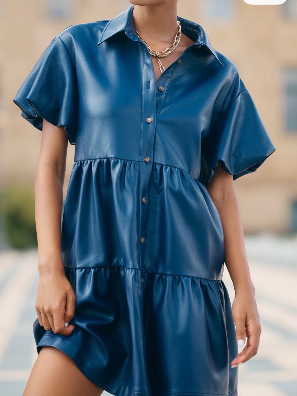 Maeve Anthropologie Faux Leather Mini Shirt Dress Navy Storm Size S NWT